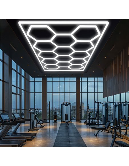 Luminária LED hexagonal moderna de grande formato com 14 painéis, 600W, 6500K, 4845x2435mm, corpo branco.