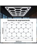 Luminária LED hexagonal moderna de grande formato com 14 painéis, 600W, 6500K, 4845x2435mm, corpo branco.