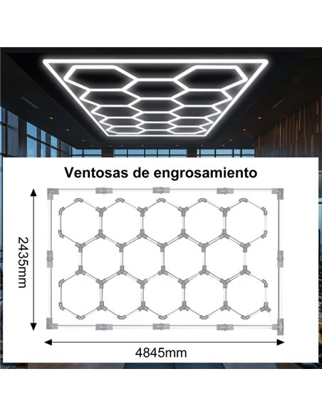 Lámpara LED hexagonal panal de abeja moderno de gran formarto con 14 paneles 600W, 6500K, 4845x2435mm, carcasa blanca