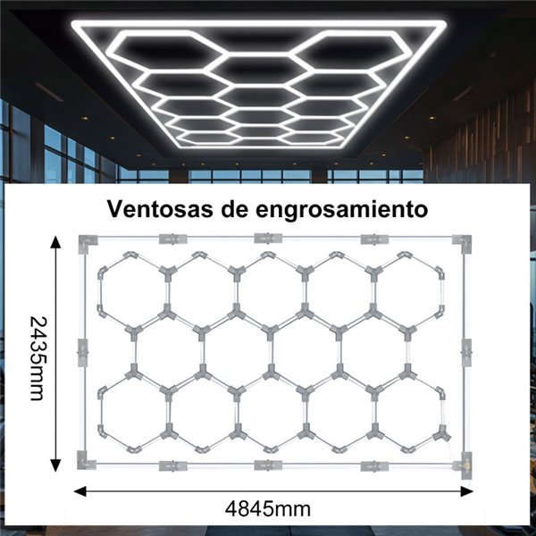 Lámpara LED hexagonal panal de abeja moderno de gran formarto con 14 paneles 600W, 6500K, 4845x2435mm, carcasa blanca