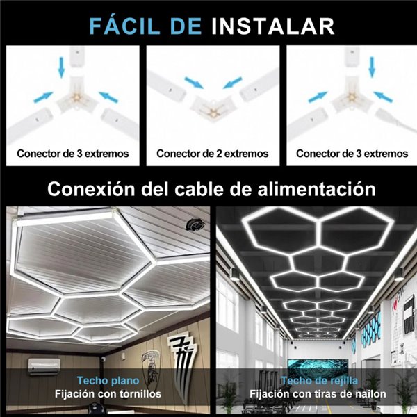 Luminária LED moderna hexagonal em formato de colmeia com 5 painéis, 144W, 6500K, 2220x1550mm, corpo branco.