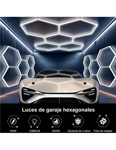 Lámpara LED hexagonal panal de abeja moderno con 5 paneles 144W, 6500K, 2220x1550mm, carcasa blanca