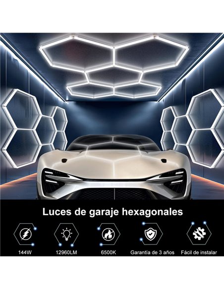 Luminária LED moderna hexagonal em formato de colmeia com 5 painéis, 144W, 6500K, 2220x1550mm, corpo branco.