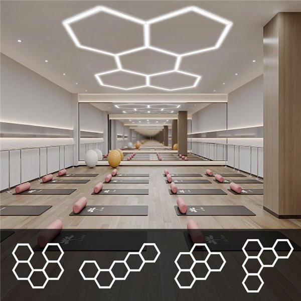 Luminária LED moderna hexagonal em formato de colmeia com 5 painéis, 144W, 6500K, 2220x1550mm, corpo branco.