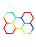 Luminária LED moderna hexagonal em formato de colmeia com 5 painéis de cores RGB, 80W, 2220x1550mm, corpo branco.
