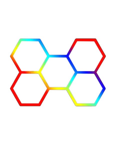Luminária LED moderna hexagonal em formato de colmeia com 5 painéis de cores RGB, 80W, 2220x1550mm, corpo branco.