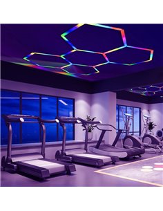 Luminária LED moderna hexagonal em formato de colmeia com 5 painéis de cores RGB, 80W, 2220x1550mm, corpo branco. 2