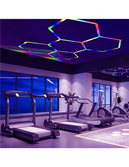 Luminária LED moderna hexagonal em formato de colmeia com 5 painéis de cores RGB, 80W, 2220x1550mm, corpo branco.