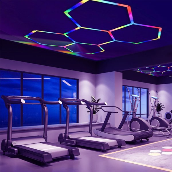 Lámpara LED hexagonal panal de abeja moderno con 5 paneles 80W de colores RGB, 2220x1550mm, carcasa blanca