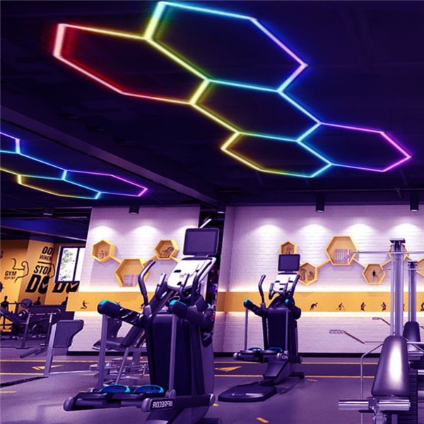 Lámpara LED hexagonal panal de abeja moderno con 5 paneles 80W de colores RGB, 2220x1550mm, carcasa blanca