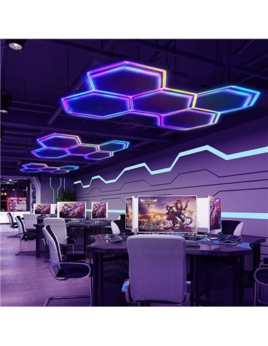 Luminária LED moderna hexagonal em formato de colmeia com 5 painéis de cores RGB, 80W, 2220x1550mm, corpo branco.