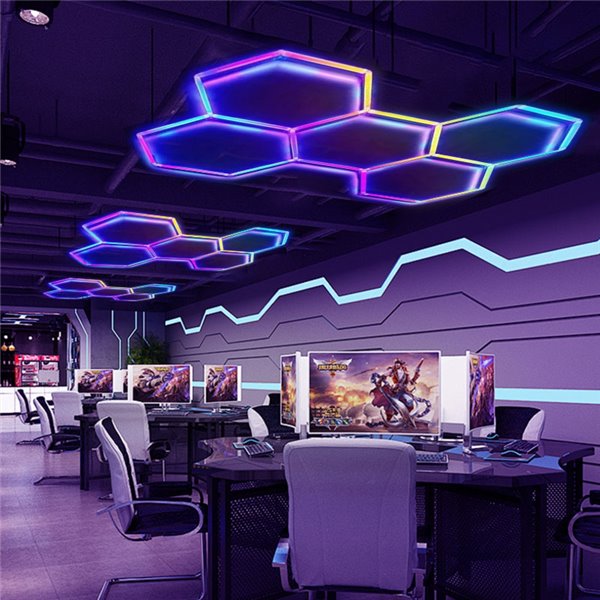 Lámpara LED hexagonal panal de abeja moderno con 5 paneles 80W de colores RGB, 2220x1550mm, carcasa blanca