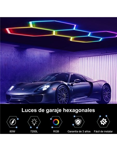 Luminária LED moderna hexagonal em formato de colmeia com 5 painéis de cores RGB, 80W, 2220x1550mm, corpo branco.