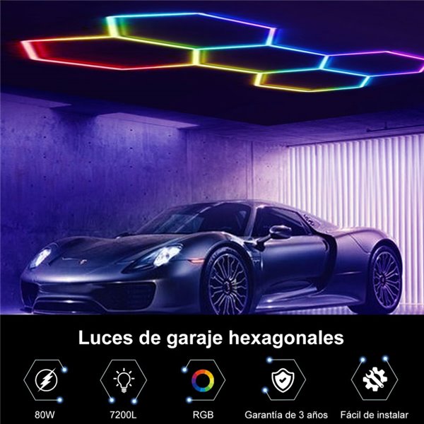 Luminária LED moderna hexagonal em formato de colmeia com 5 painéis de cores RGB, 80W, 2220x1550mm, corpo branco.