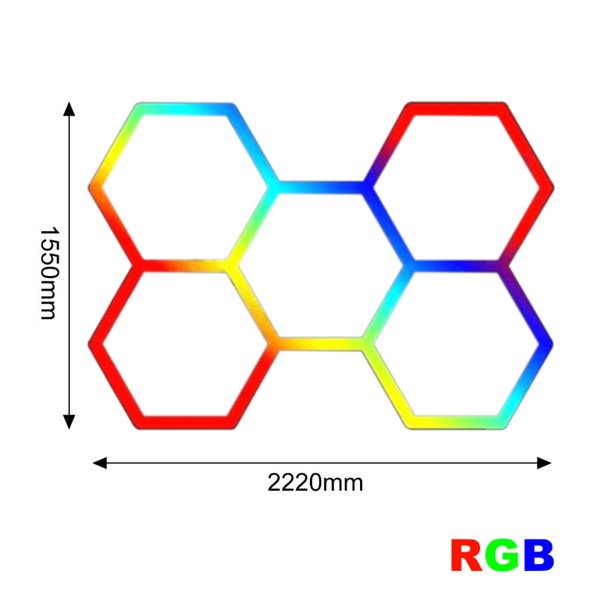 Lámpara LED hexagonal panal de abeja moderno con 5 paneles 80W de colores RGB, 2220x1550mm, carcasa blanca
