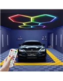 Luminária LED moderna hexagonal em formato de colmeia com 5 painéis de cores RGB, 80W, 2220x1550mm, corpo branco.