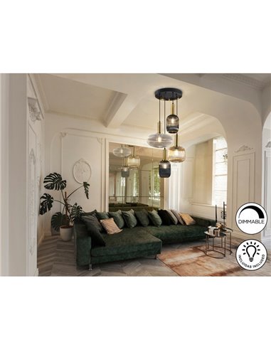 Luminária de teto NORMA com 4 lâmpadas e cúpulas de vidro Ø56cm E27, dimerizável, IP20, preta e latão.