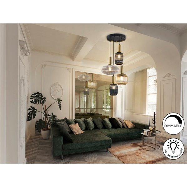 Plafonnier NORMA à 4 lumières avec abat-jour en verre Ø56 cm E27, dimmable, IP20, noir et laiton