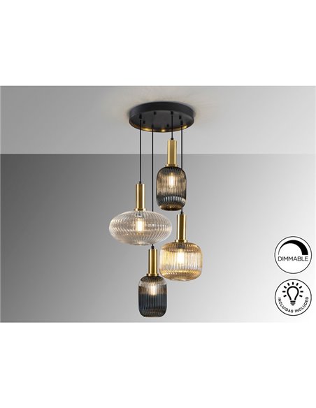 Luminária de teto NORMA com 4 lâmpadas e cúpulas de vidro Ø56cm E27, dimerizável, IP20, preta e latão.