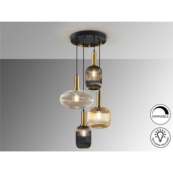 Luminária de teto NORMA com 4 lâmpadas e cúpulas de vidro Ø56cm E27, dimerizável, IP20, preta e latão.