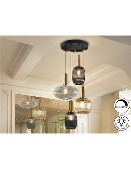 Lámpara de techo 4 luces NORMA con tulipas cristal Ø56cm E27 dimable IP20 Negro y latón