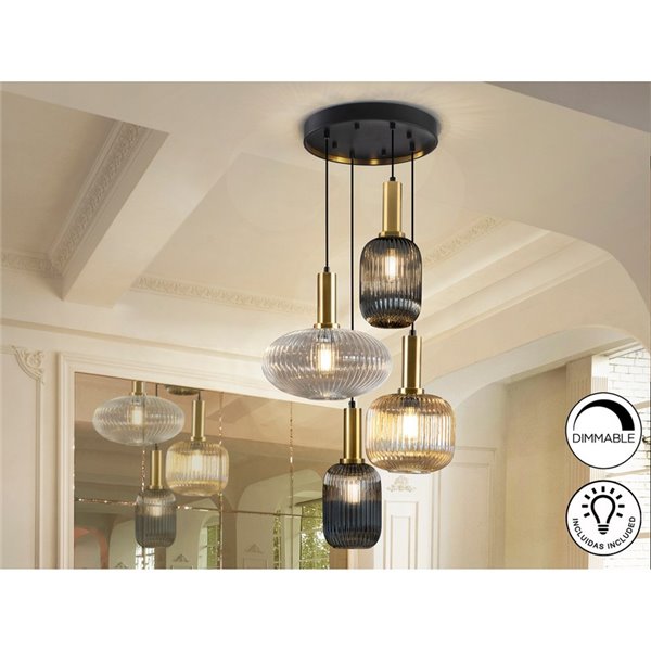 Lámpara de techo 4 luces NORMA con tulipas cristal Ø56cm E27 dimable IP20 Negro y latón