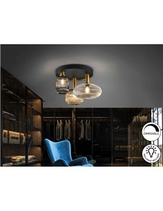 Plafón de techo 3 luces NORMA con tulipas cristal Ø56cm E27 dimable IP20 Negro y latón  2