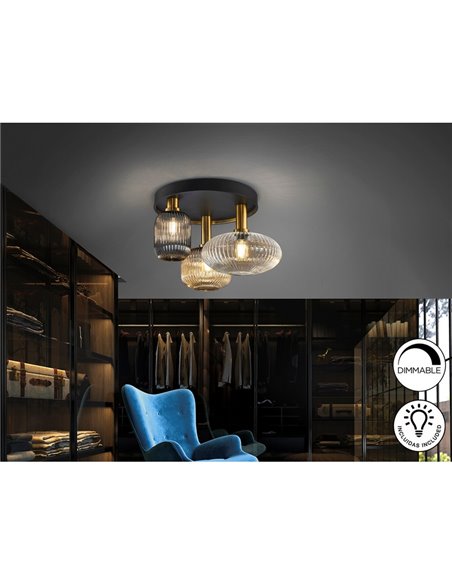 Plafón de techo 3 luces NORMA con tulipas cristal Ø56cm E27 dimable IP20 Negro y latón 