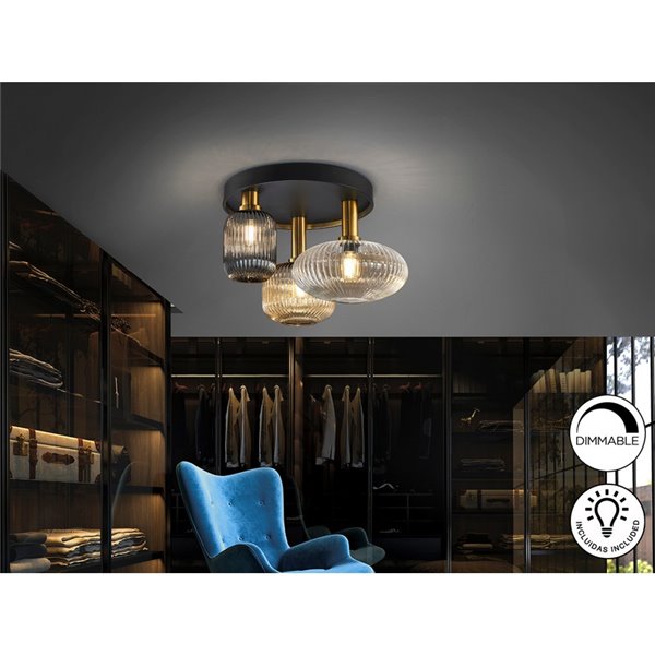 Luminária de teto NORMA com 3 lâmpadas e cúpulas de vidro Ø56cm E27, dimerizável, IP20, preta e latão.