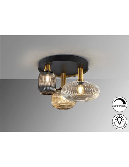 Plafón de techo 3 luces NORMA con tulipas cristal Ø56cm E27 dimable IP20 Negro y latón 