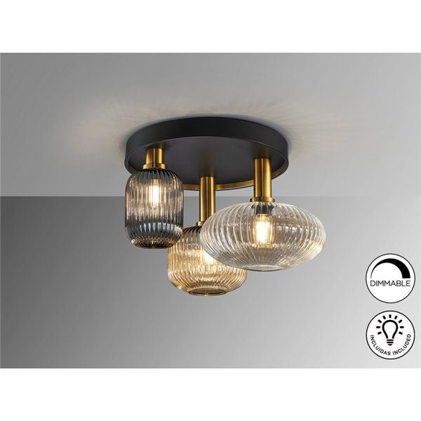 Plafón de techo 3 luces NORMA con tulipas cristal Ø56cm E27 dimable IP20 Negro y latón 