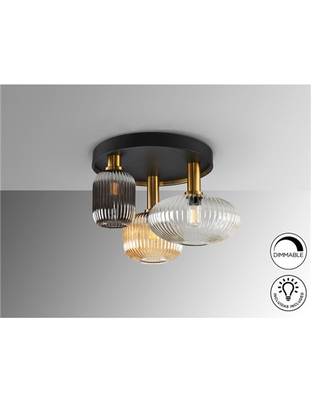 Plafón de techo 3 luces NORMA con tulipas cristal Ø56cm E27 dimable IP20 Negro y latón 