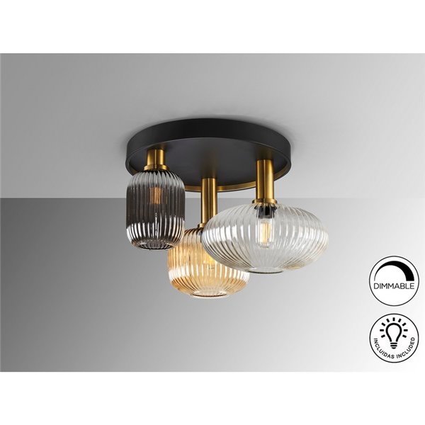 Plafón de techo 3 luces NORMA con tulipas cristal Ø56cm E27 dimable IP20 Negro y latón 