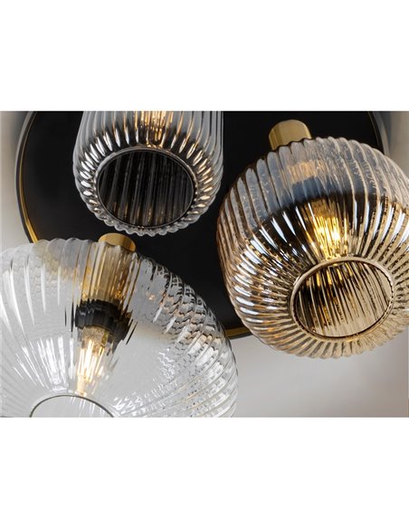 Luminária de teto NORMA com 3 lâmpadas e cúpulas de vidro Ø56cm E27, dimerizável, IP20, preta e latão.