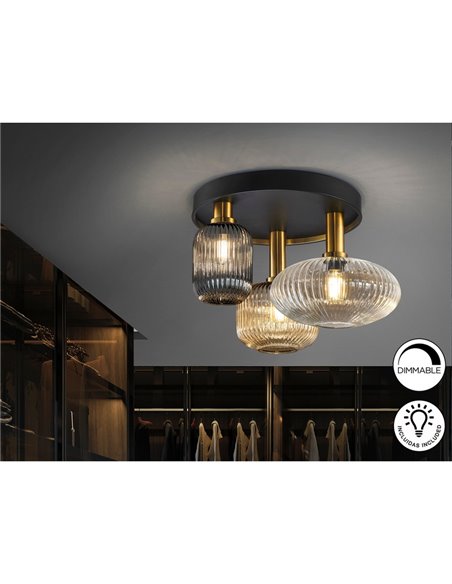 Luminária de teto NORMA com 3 lâmpadas e cúpulas de vidro Ø56cm E27, dimerizável, IP20, preta e latão.