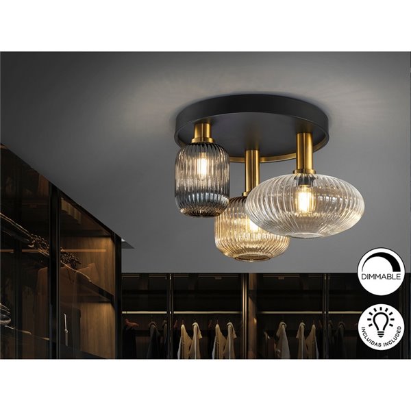 Plafón de techo 3 luces NORMA con tulipas cristal Ø56cm E27 dimable IP20 Negro y latón 
