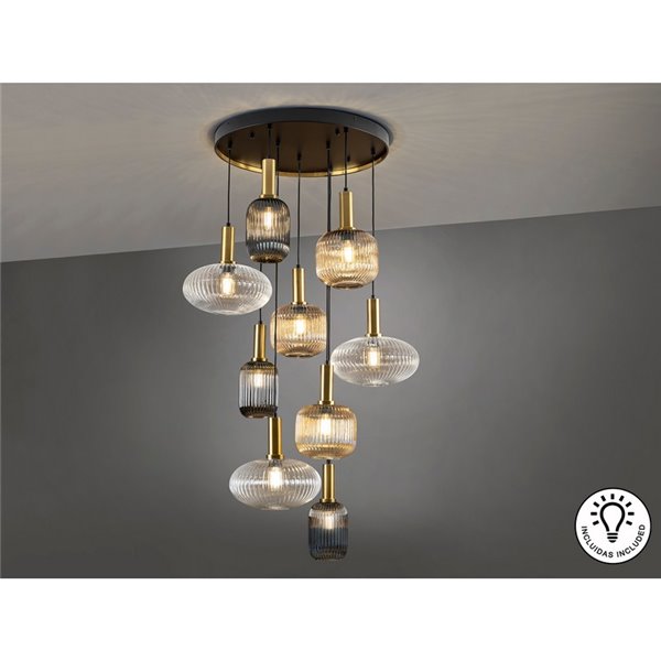 Luminária de teto NORMA com 9 lâmpadas, E27 dimerizável, Ø80cm, latão preto, IP20