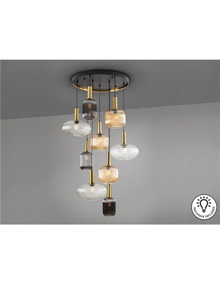 Plafonnier NORMA à 9 lumières, culot E27 à intensité variable, Ø80cm, laiton noir, IP20