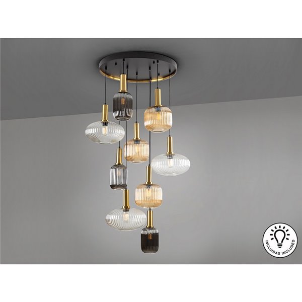 Lámpara de techo NORMA 9 luces E27 regulable Ø80cm Negro latón IP20