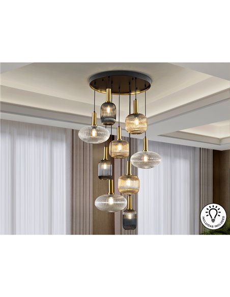 Lámpara de techo NORMA 9 luces E27 regulable Ø80cm Negro latón IP20