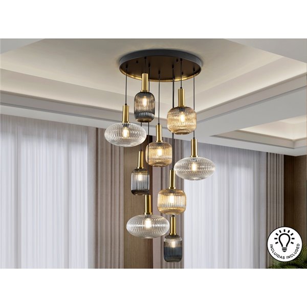 Luminária de teto NORMA com 9 lâmpadas, E27 dimerizável, Ø80cm, latão preto, IP20