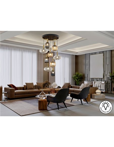 Plafonnier NORMA à 9 lumières, culot E27 à intensité variable, Ø80cm, laiton noir, IP20