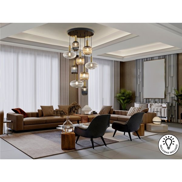 Lámpara de techo NORMA 9 luces E27 regulable Ø80cm Negro latón IP20