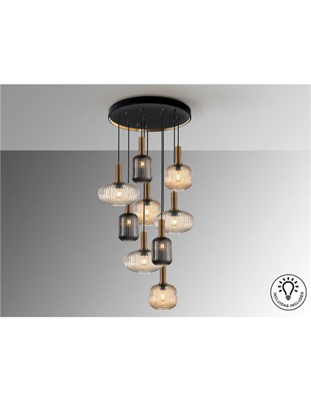 Plafonnier NORMA à 9 lumières, culot E27 à intensité variable, Ø80cm, laiton noir, IP20