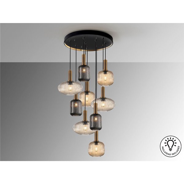 Lámpara de techo NORMA 9 luces E27 regulable Ø80cm Negro latón IP20