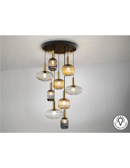 Luminária de teto NORMA com 9 lâmpadas, E27 dimerizável, Ø80cm, latão preto, IP20