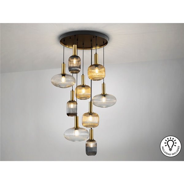 Lámpara de techo NORMA 9 luces E27 regulable Ø80cm Negro latón IP20