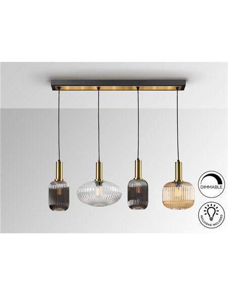 Plafonnier NORMA à 4 lampes en ligne, culot E27, intensité variable, laiton noir