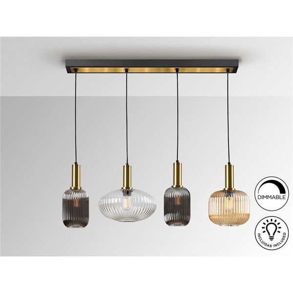 Luminária de teto NORMA com 4 lâmpadas em linha, soquete E27, dimerizável, latão preto.