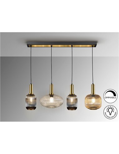 Plafonnier NORMA à 4 lampes en ligne, culot E27, intensité variable, laiton noir